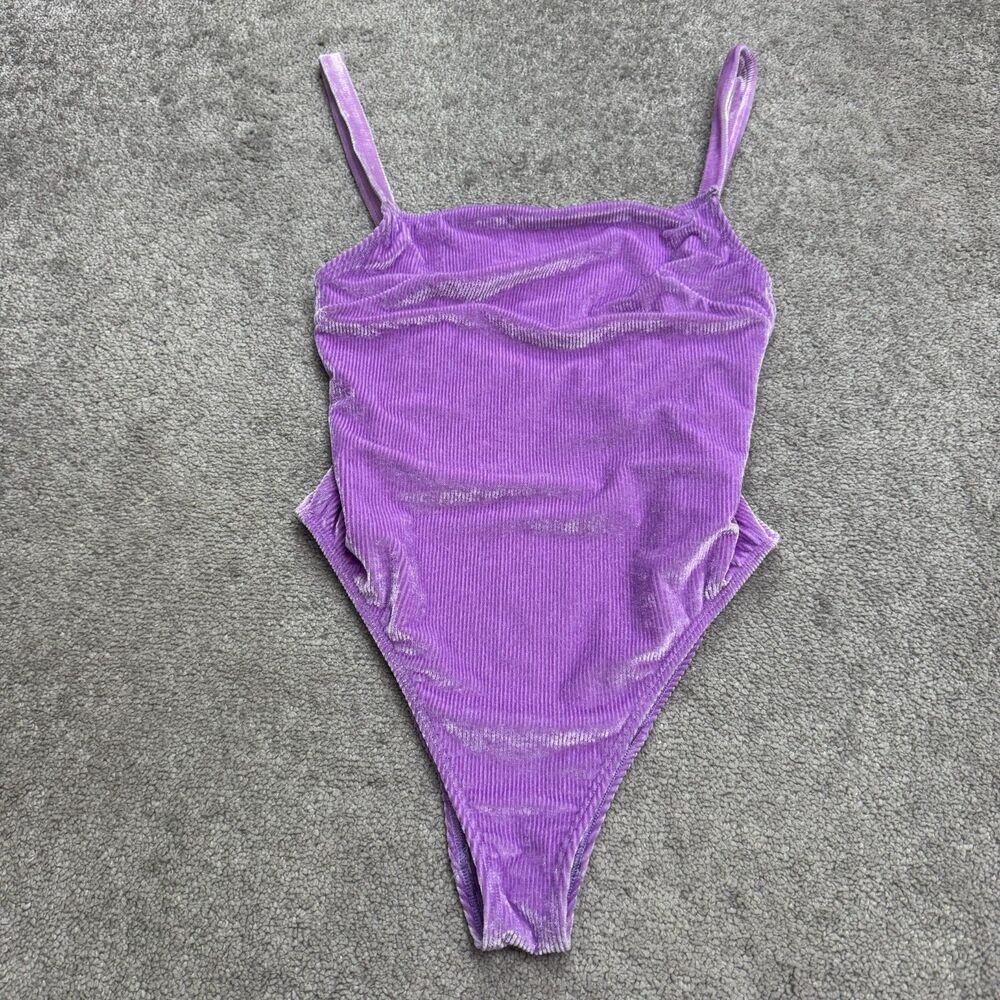 Asos Design Ribbed Velvet High Leg One Piece Bodysuit Womens 6 Purple Bodice